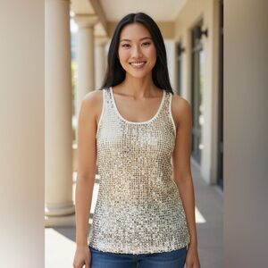 Womens CHAMPAGNE GOLD NEW YEARS PARTY Sequin Cami TankTop SILKY PIMA COTTON SZ L